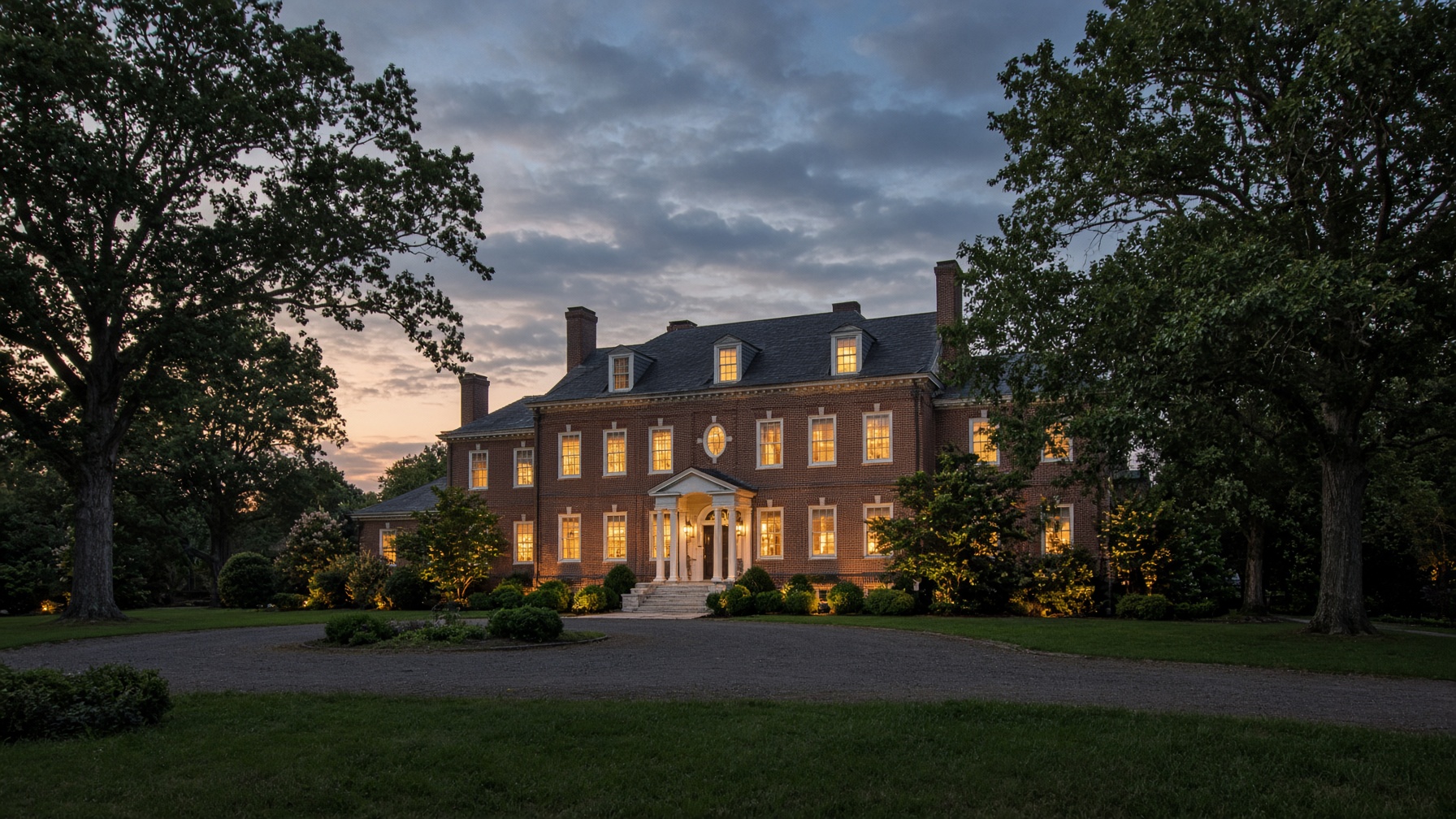 Dusk view of a brick colonial estate in suburban Maryland